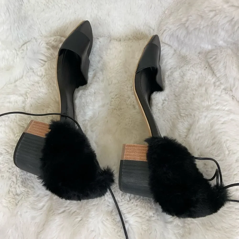 NEW Kelsi Dagger Brooklyn Black Sam Genuine Leather Faux Fur Heel Sandals 9.5